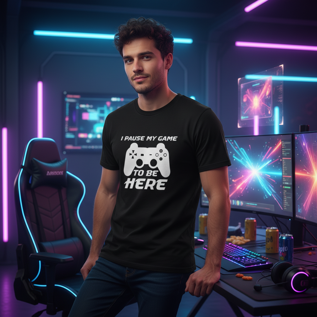 Unisex Gamer Graphic Tee With Controller Silhouette And The Phrase I Pause My Game To Be Here