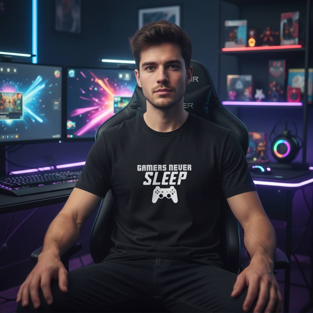 Gamers Never Sleep Graphic Tee With Controller Icon Unisex Short Sleeve Gaming Shirt