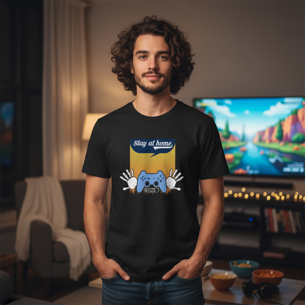 Gamer Unisex Graphic Tee Featuring Stay At Home Controller Illustration And Handprint Motif