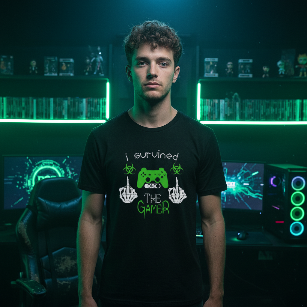 Unisex Gamer Graphic T Shirt With Neon Green Controller And I Survived The Gamer Text