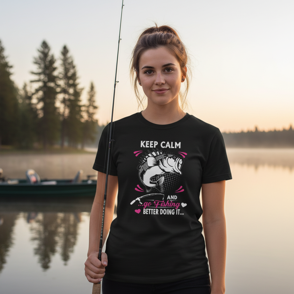 Keep Calm And Go Fishing Graphic T Shirt Unisex Short Sleeve With Pink Accent Design