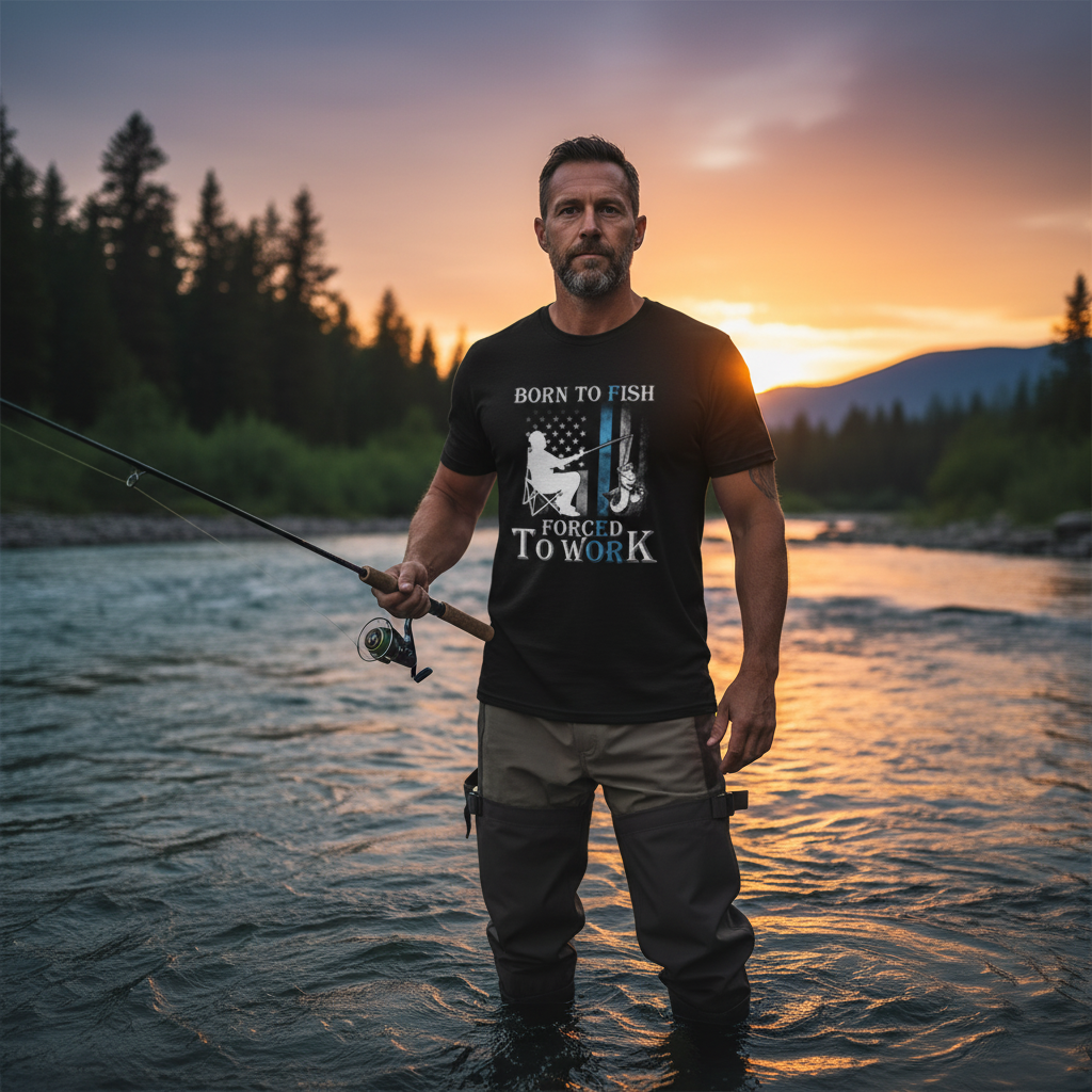 Born To Fish Forced To Work Unisex Short Sleeve Graphic Tee With Angler Silhouette And Flag Accent