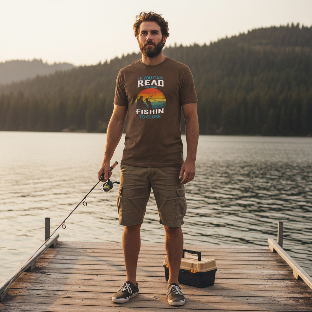 Unisex Fishing Graphic T Shirt With Sunset Rainbow Silhouette And Outdoor Adventure Design