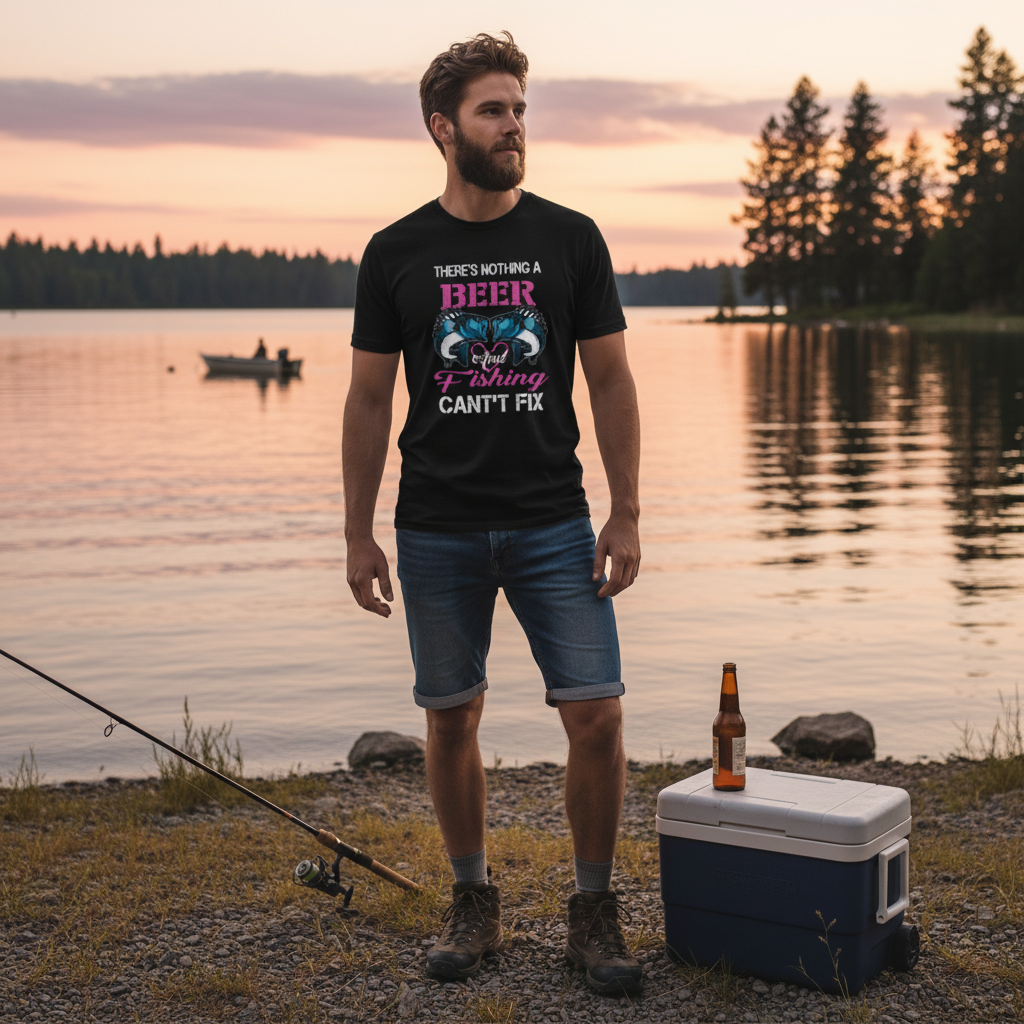 Unisex Fishing T Shirt With Beer Theme Cant Fix Slogan