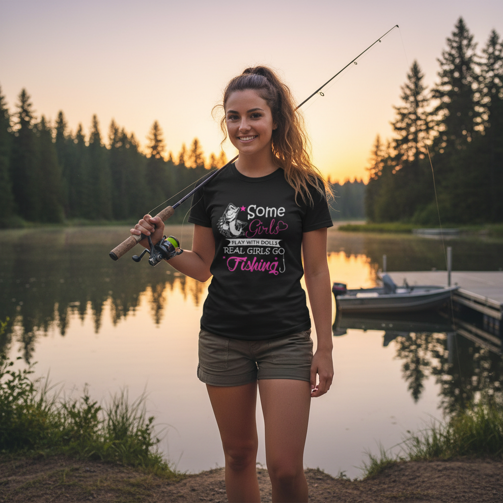 Some Girls Go Fishing Graphic Tee With Pink Text And Fish Illustration For Unisex Short Sleeve