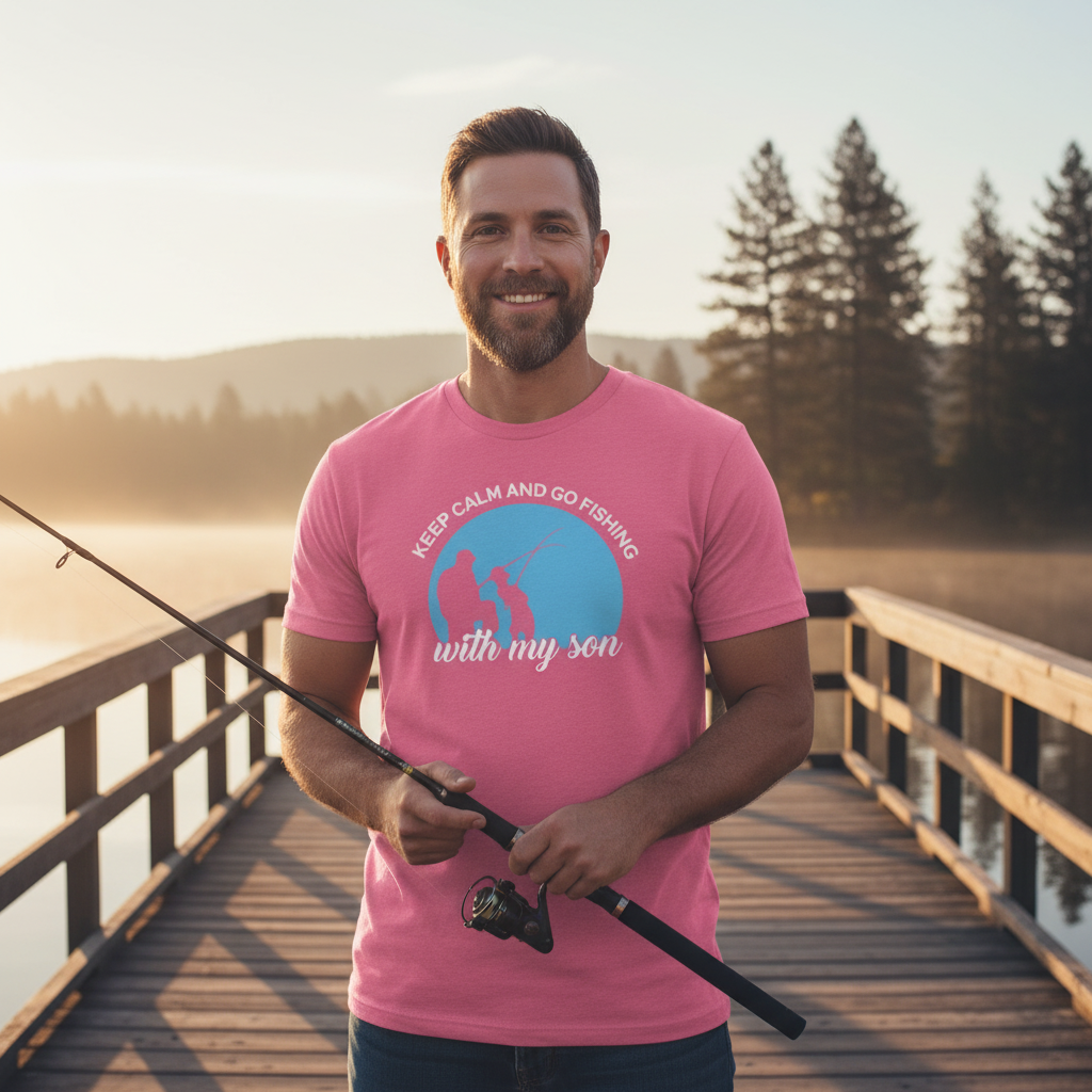 Keep Calm And Go Fishing With My Son Graphic Tee For Adults Unisex Short Sleeve Crew Neck