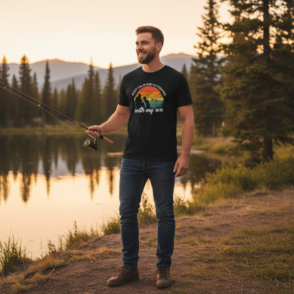 Keep Calm And Go Fishing With My Son Vintage Rainbow Illustration Graphic Tee For Men And Women Unisex Shirt