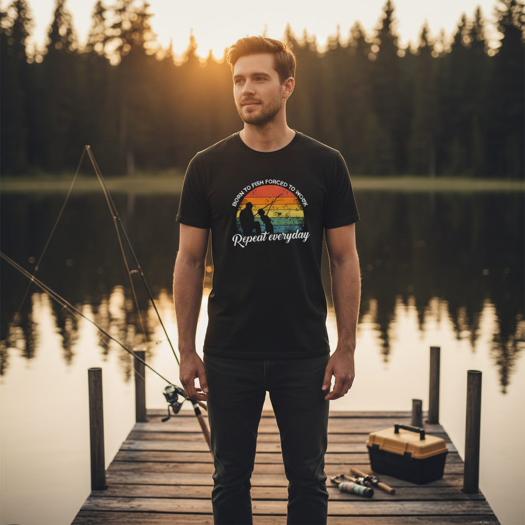 Unisex Fishing Graphic T Shirt With Rainbow Sunset Circle And Born To Fish Forced To Work Repeat Everyday