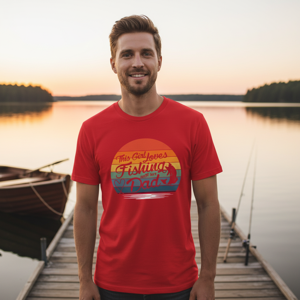 This Girl Loves Fishing With Her Dad Unisex Graphic Tee Featuring Retro Sunset Rainbow Design