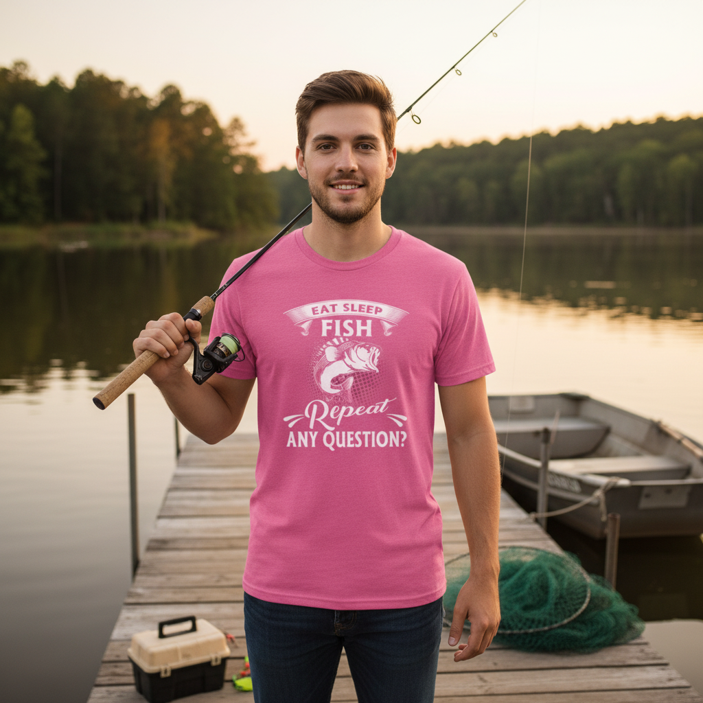 Unisex Fishing T Shirt Featuring Eat Sleep Fish Repeat Any Question Design For Outdoor Enthusiasts