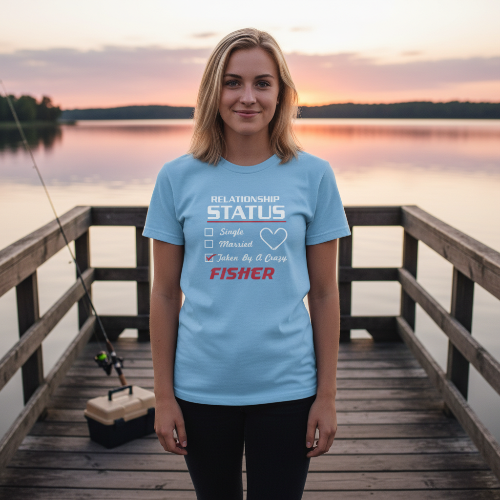 Fishing Relationship Status T Shirt for Fisher Lovers Featuring Taken By A Crazy Message And Heart Icon