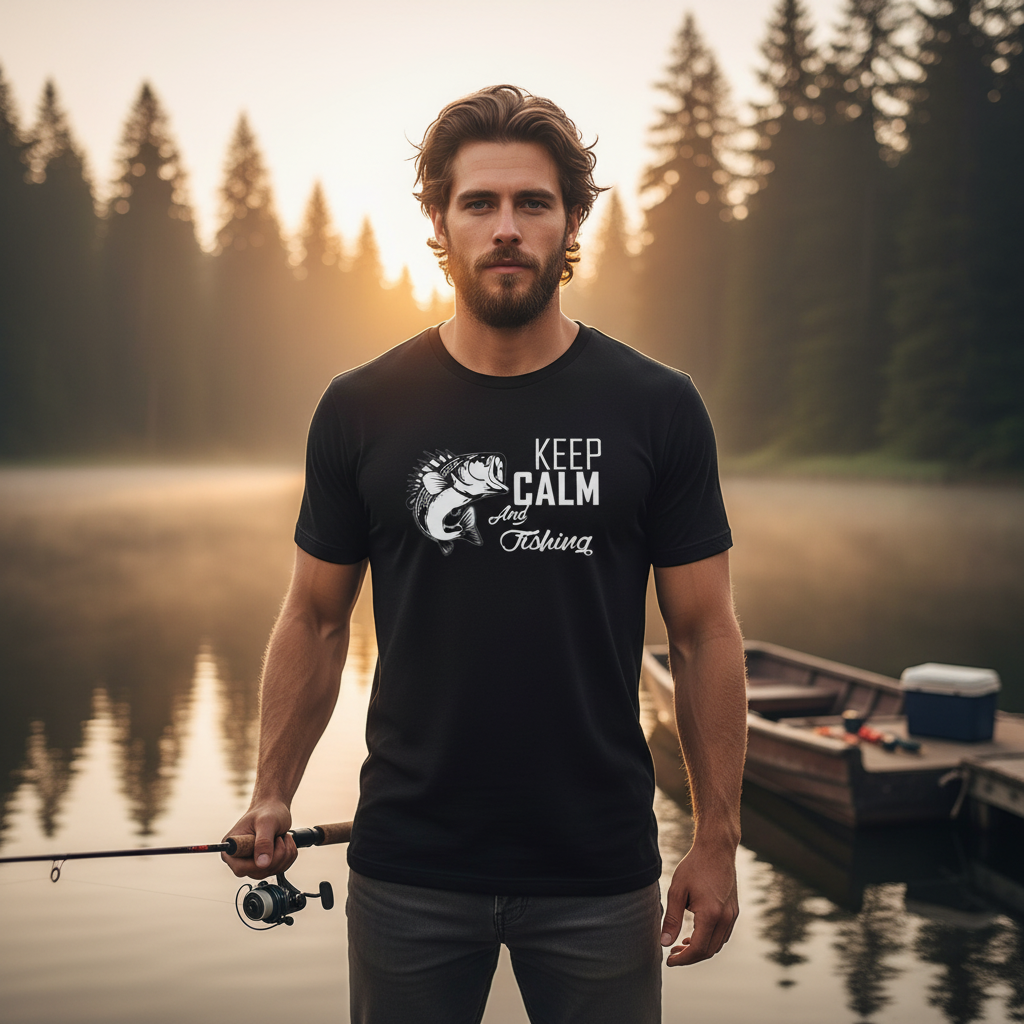 Keep Calm Go Fishing Unisex Graphic T Shirt With Large Fish Illustration Print Design