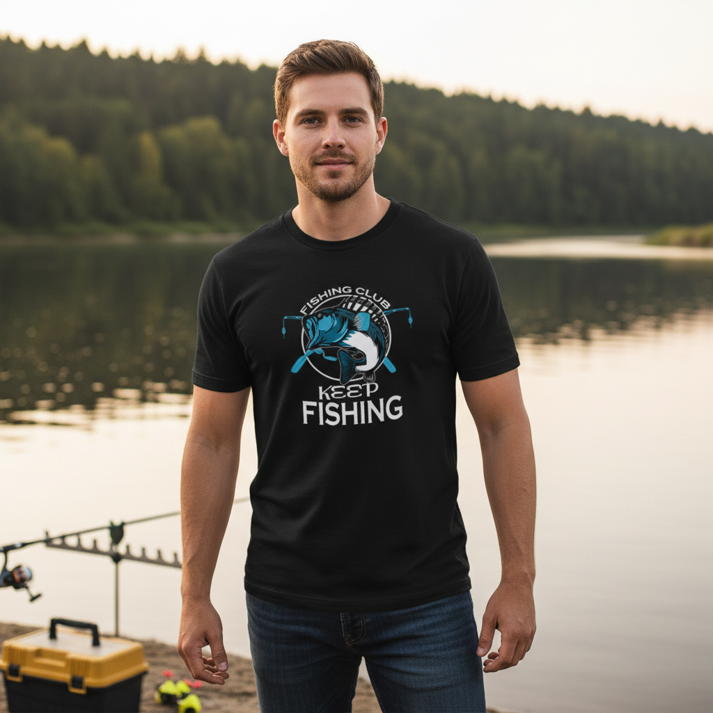 Unisex Fishing Graphic Tee With Keep Fishing Theme And Angler Rods And Lure Design