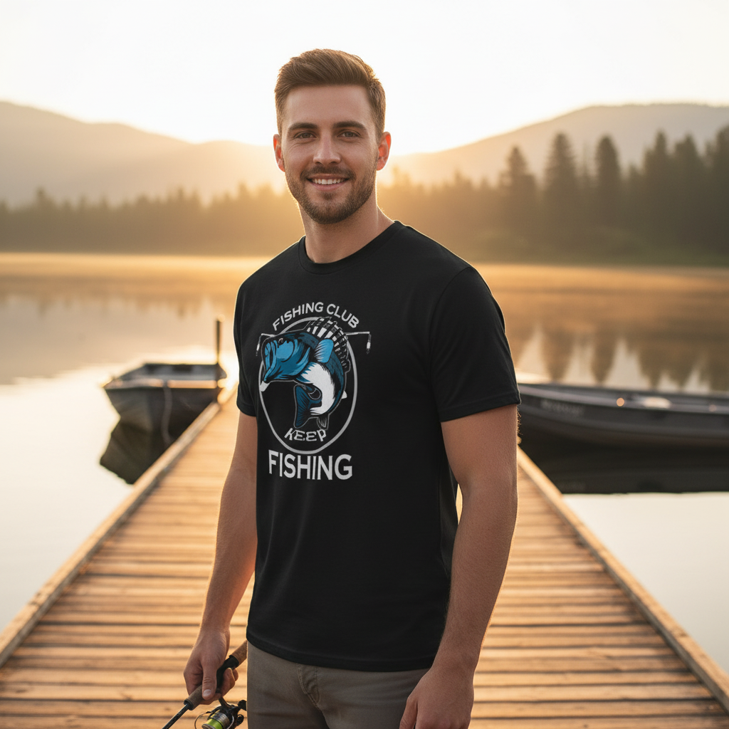 Unisex Fishing Club Graphic T Shirt With Blue Fish Emblem And Keep Fishing Logo Design
