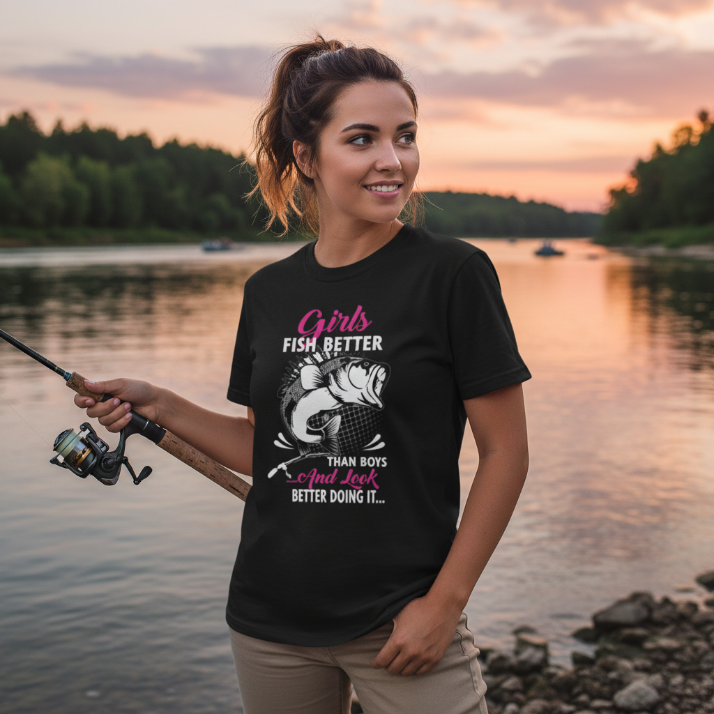 Girls Fish Better Than Boys And Look Better Doing It Graphic Tee Shirt For Women