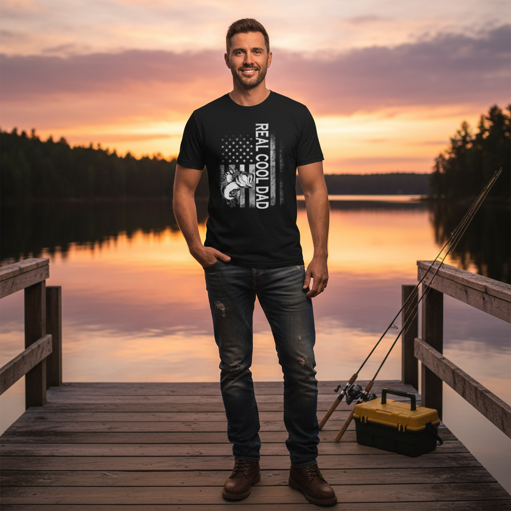 Real Good Dad Fishing Graphic Tee For Men And Women With American Flag Design Unisex Short Sleeve