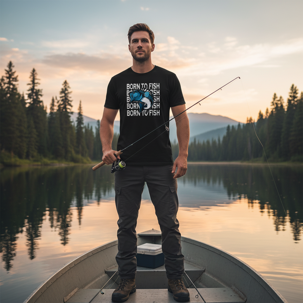 Unisex Fishing Graphic T Shirt With Born To Fish Repeating Text And Blue Angler Fish Illustration