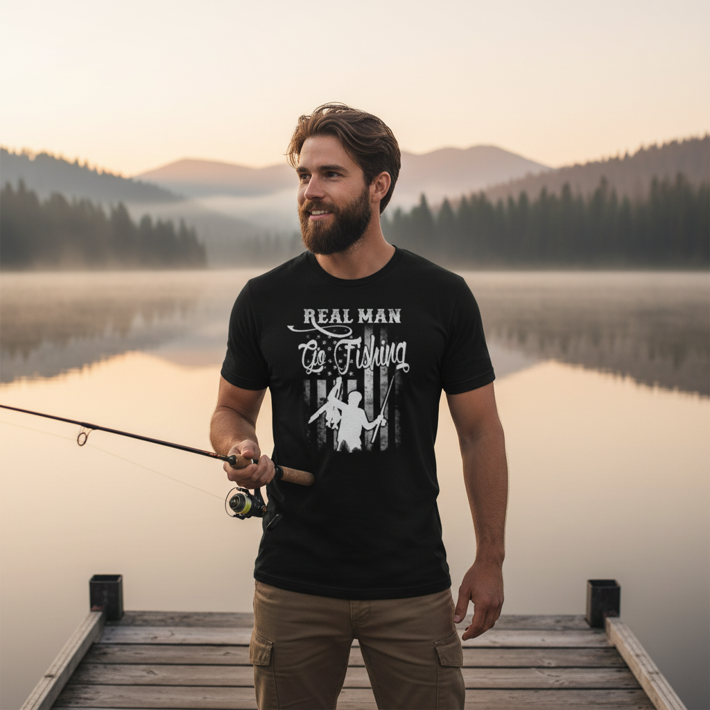 Real Man Go Fishing Unisex Graphic Tee Featuring Fishermen Silhouette Rods And Outdoor Adventure Design