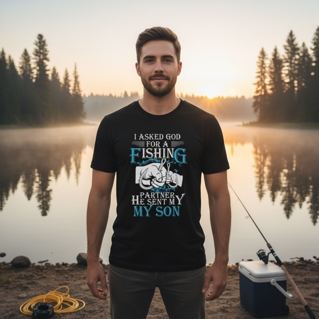 Unisex Fishing T Shirt With Quote I Asked God For A Fishing Partner He Sent My Son