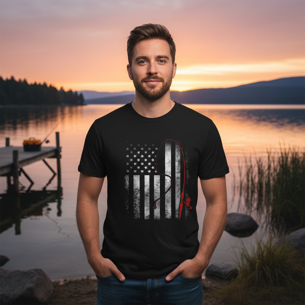 Unisex Fishing T Shirt With Red Fishing Rod Silhouette Over Subtle American Flag Graphic