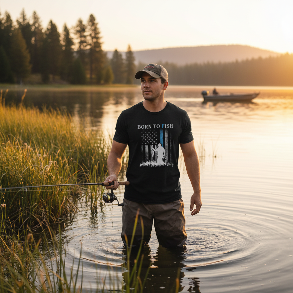 Born To Fish Graphic Tee With Angler Silhouette And Subtle American Flag Accent Edition