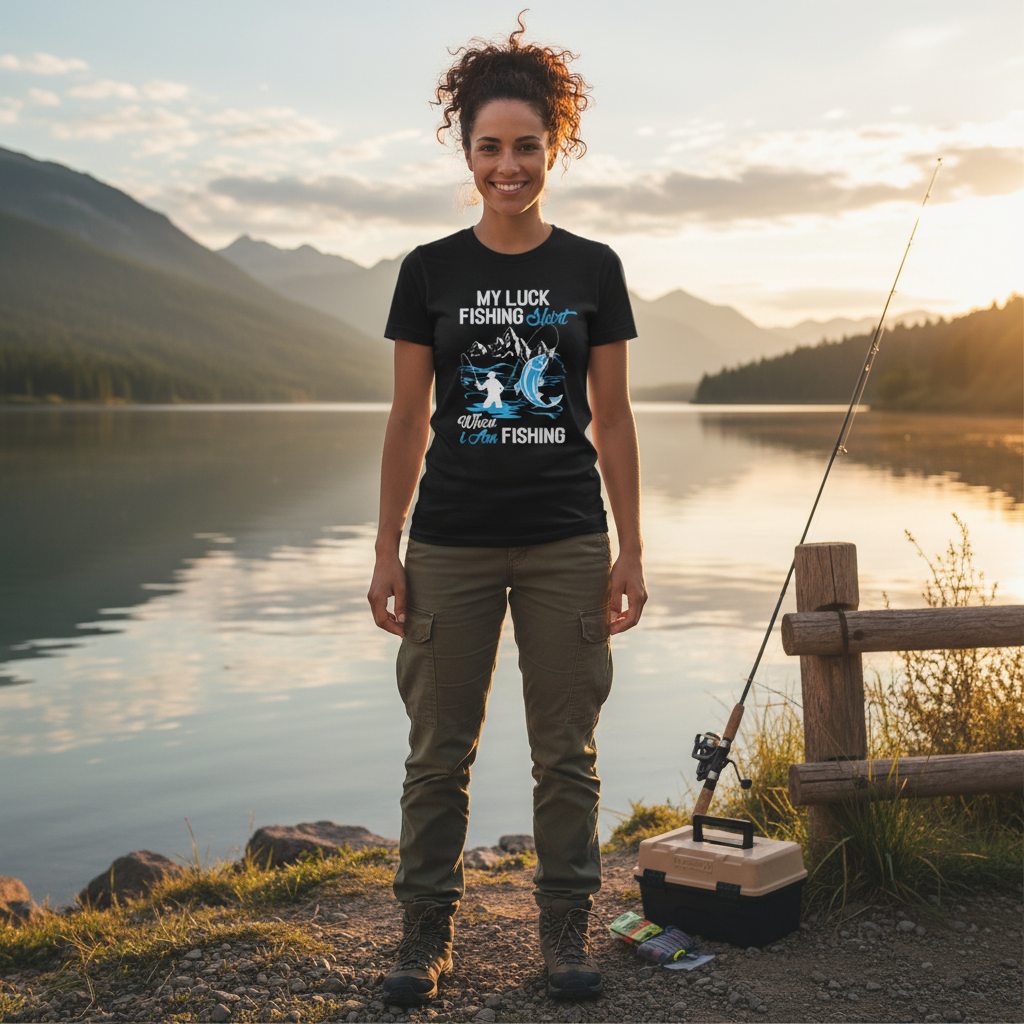 Unisex My Luck Fishing Graphic Tee With Mountain Scene And Angler Silhouette Design