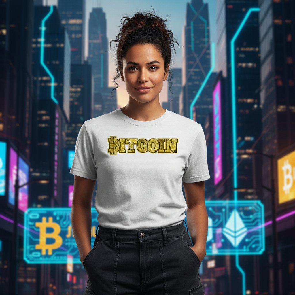 Bitcoin Graphic Unisex T Shirt With Gold Lettering Cryptocurrency Theme Casual Wear