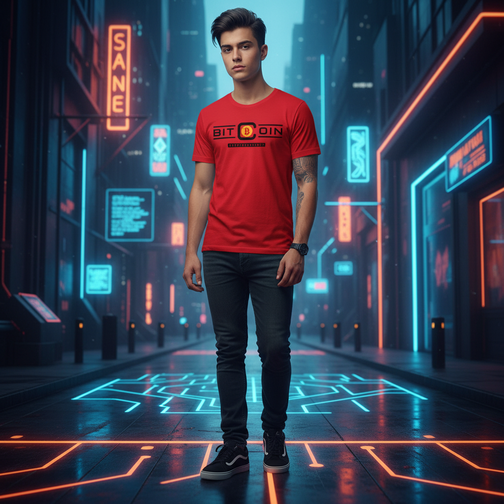 Bitcoin Cryptocurrency Logo Graphic T Shirt for Unisex Wearers Featuring Bold Blockchain Icon