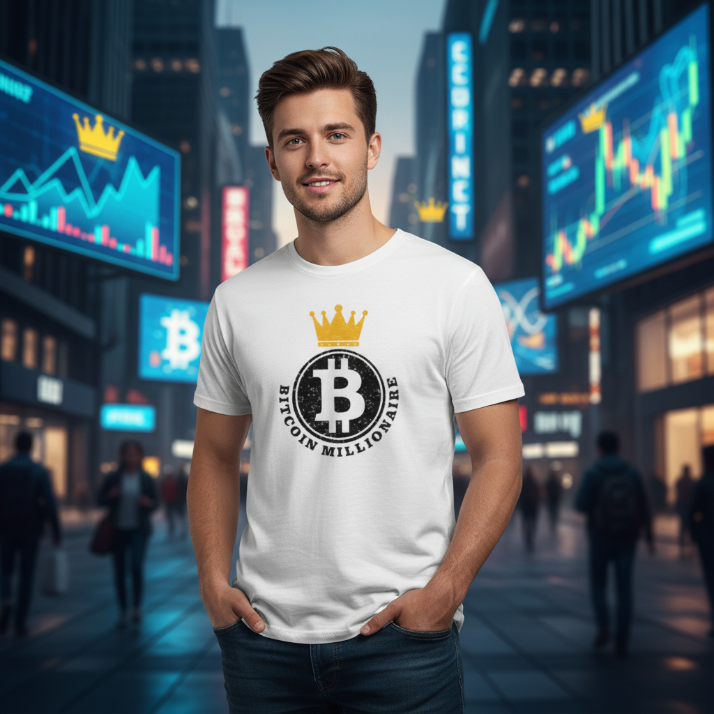 Bitcoin Millionaire Graphic Tee With Crown Emblem Distressed Circle Logo For Crypto Fans
