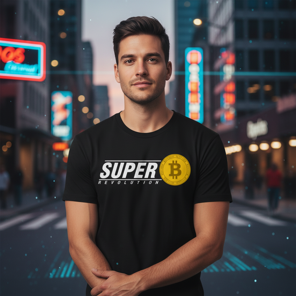 Super Revolution Crypto Graphic T Shirt With Bitcoin Coin Emblem For Unisex Wear Casual