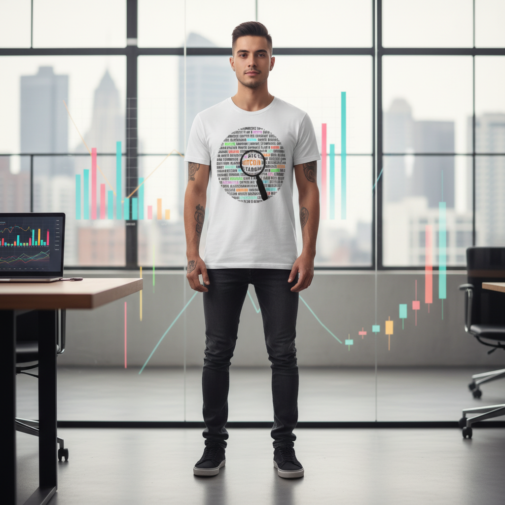 Unisex Crypto Bitcoin Learning Graphic Tee With Magnifying Glass Design For Everyday Wear