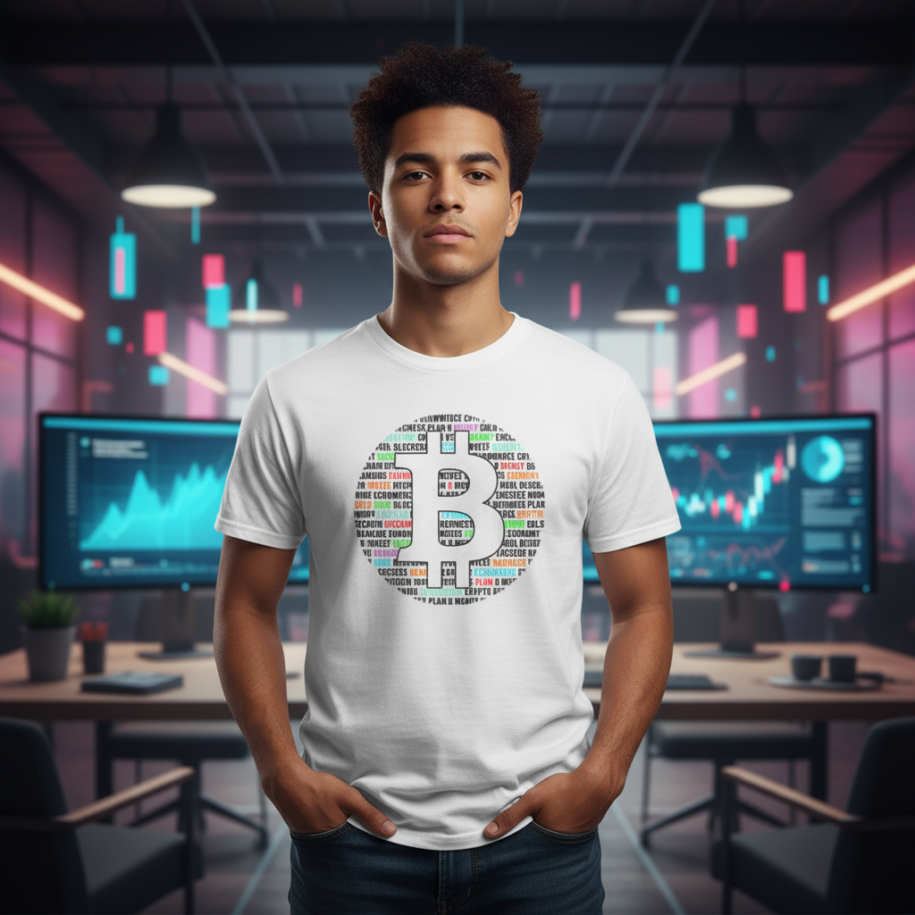 Unisex Bitcoin Logo T Shirt With Colorful Word Cloud Design For Crypto Enthusiasts