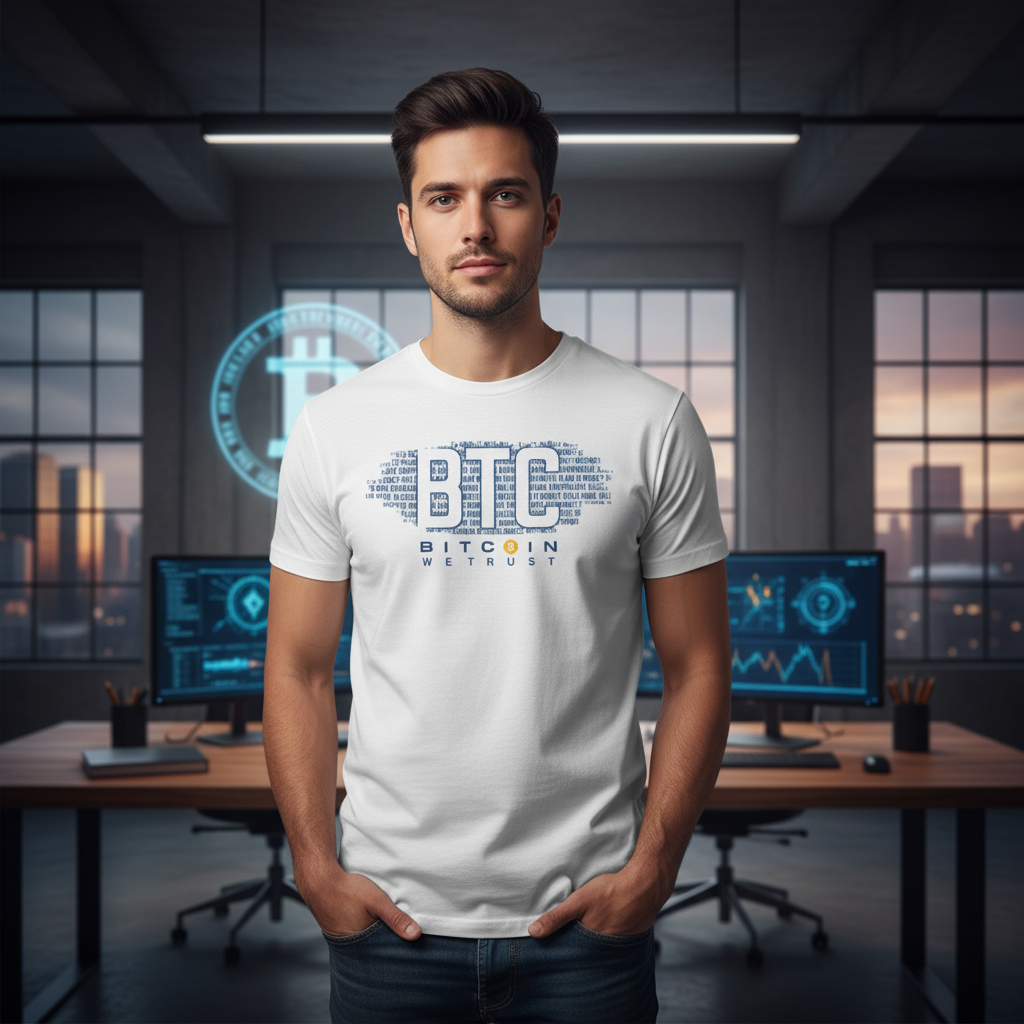 Bitcoin Logo Graphic Unisex T Shirt Featuring Large Blue BTC Typography And We Trust Motto