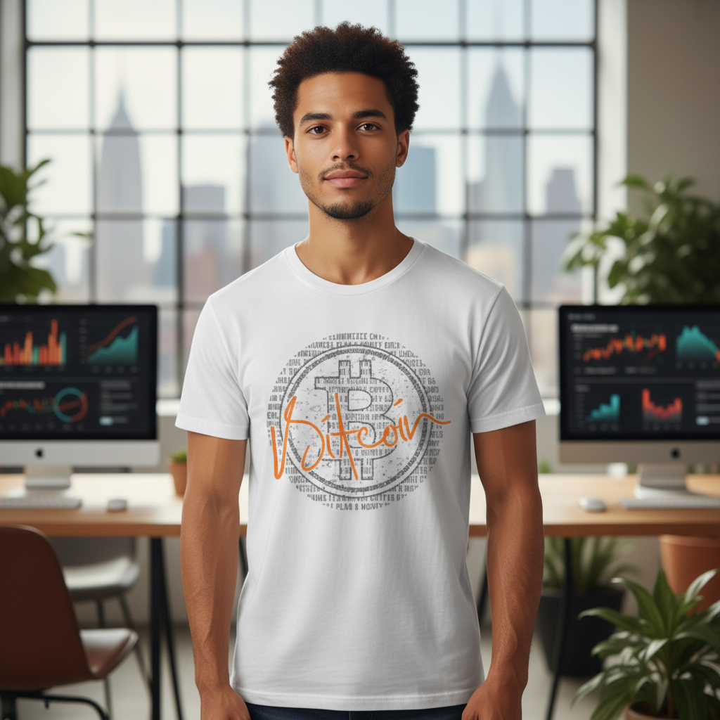 Crypto Bitcoin Graphic Unisex Tee With Circular Pattern And Orange Signature Logo