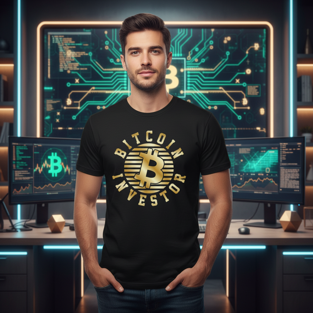 Bitcoin Investor Unisex Graphic T Shirt With Gold Emblem Circular Design For Crypto Enthusiasts