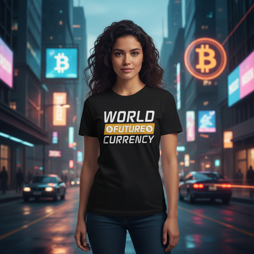 World Future Currency Crypto Unisex Graphic Tee With Bitcoin Symbols Modern Blockchain Design