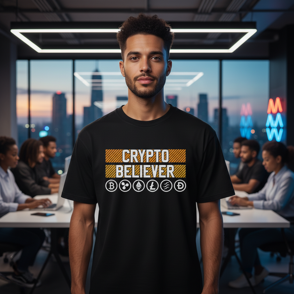 Crypto Believer Unisex Tee Featuring Cryptocurrency Symbols And Striped Panel Graphic