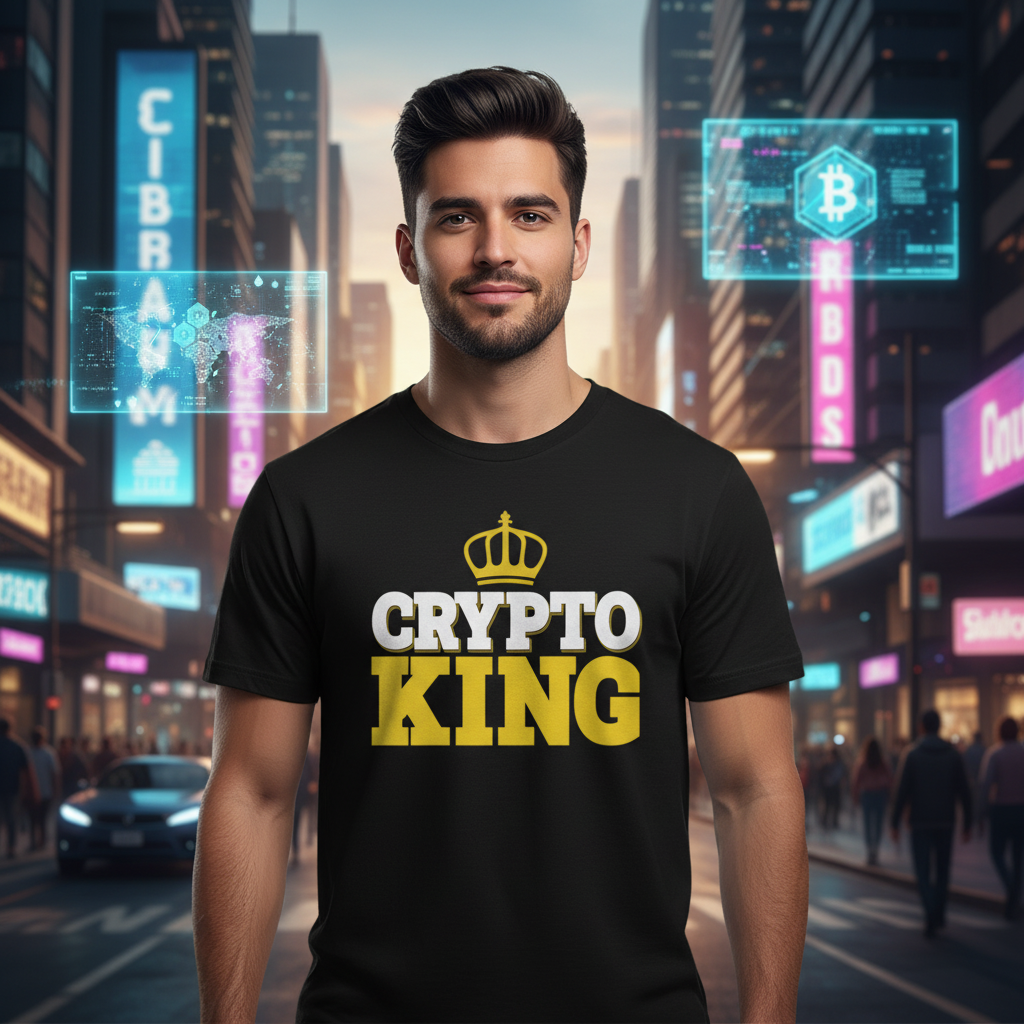 Crypto King Graphic Unisex T Shirt With Crown Emblem And Bold Yellow Lettering For Crypto Fans