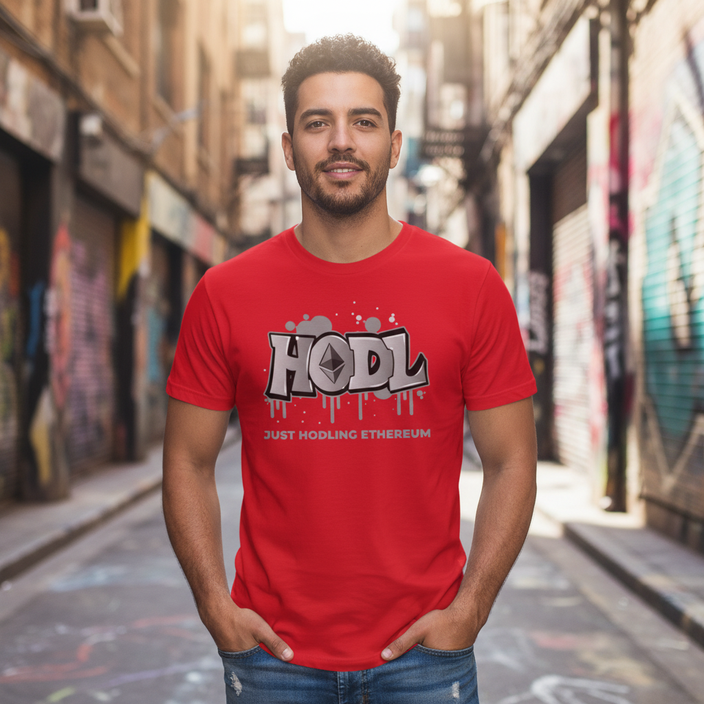 Unisex Short Sleeve Graphic Tee Featuring Hodl Ethereum Logo Artwork and Retro Typeface