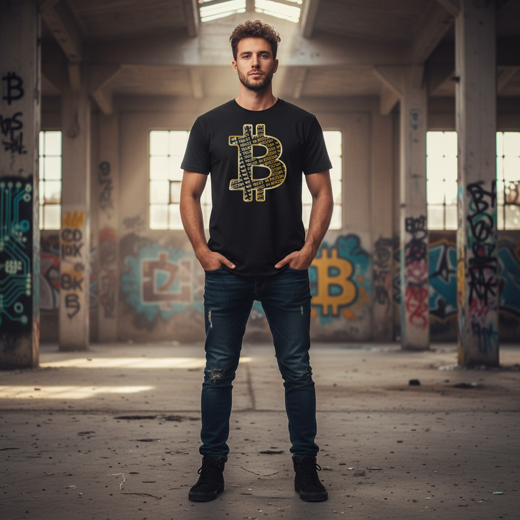 Unisex Bitcoin Symbol Graphic Tee With Gold Outline And Trust In Bitcoin Pattern
