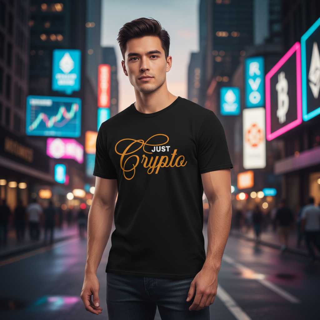 Crypto Logo In Orange Script On Unisex T Shirt Casual Wear With Elegant Cursive Typography Design
