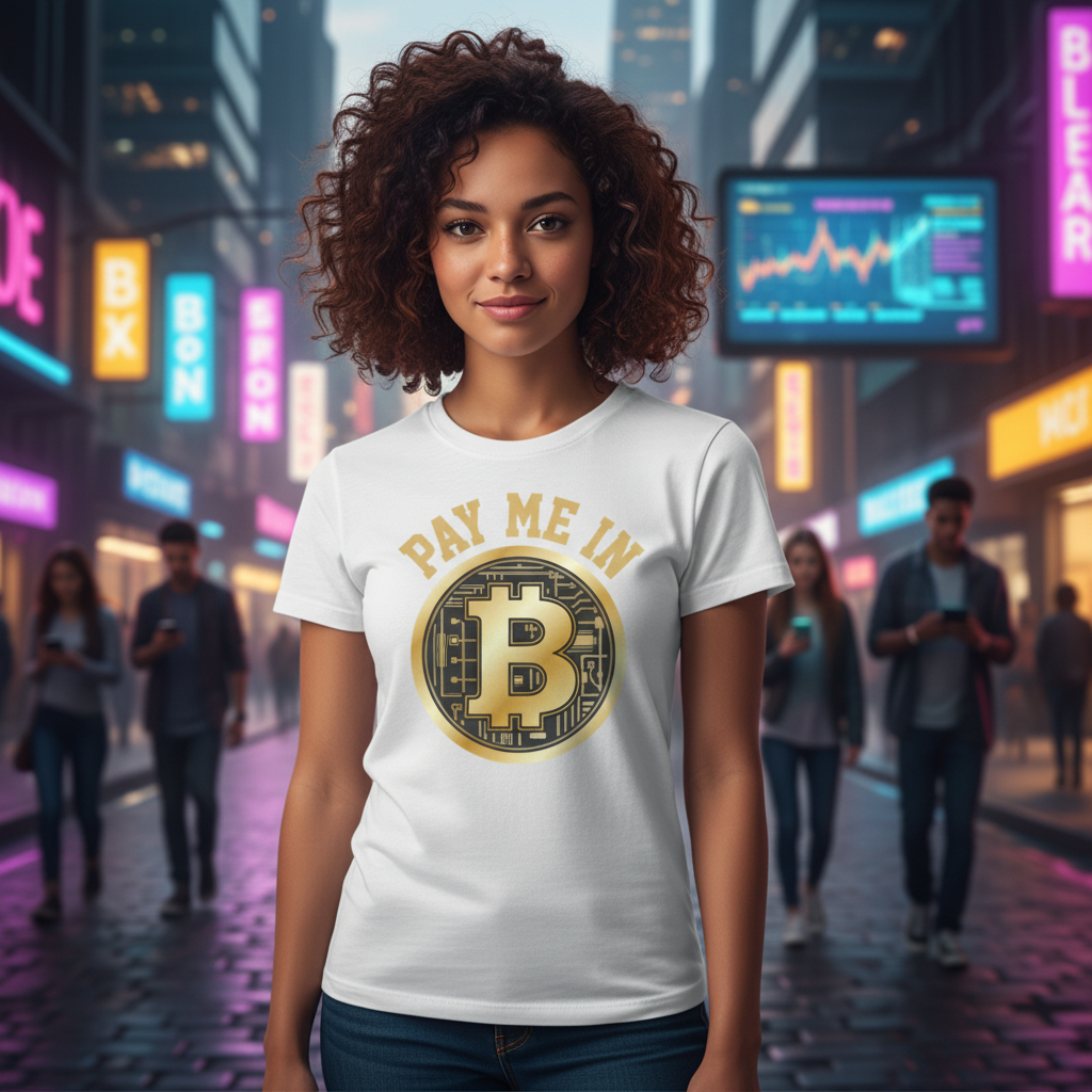 Pay Me In Bitcoin Graphic Tee With Gold Circuit Board Emblem And Cryptocurrency Theme