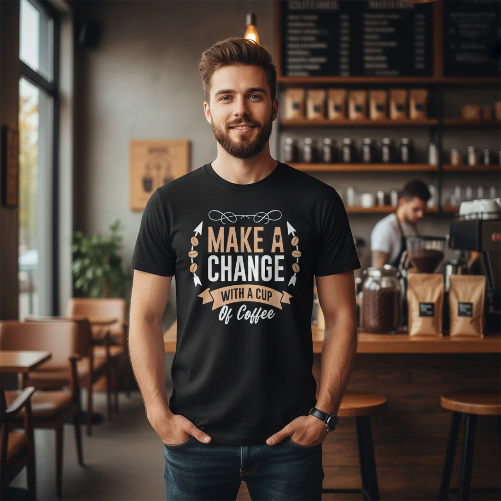 Coffee Themed Unisex T Shirt With Make A Change With A Cup Of Coffee Graphic Design