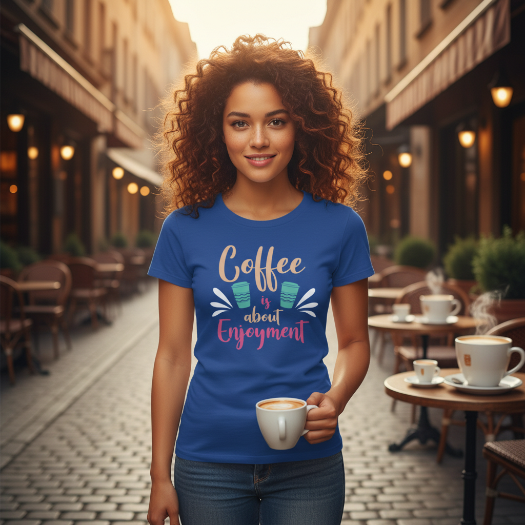 Coffee Is About Enjoyment Unisex Short Sleeve Graphic Tee With Pastel Cup Design