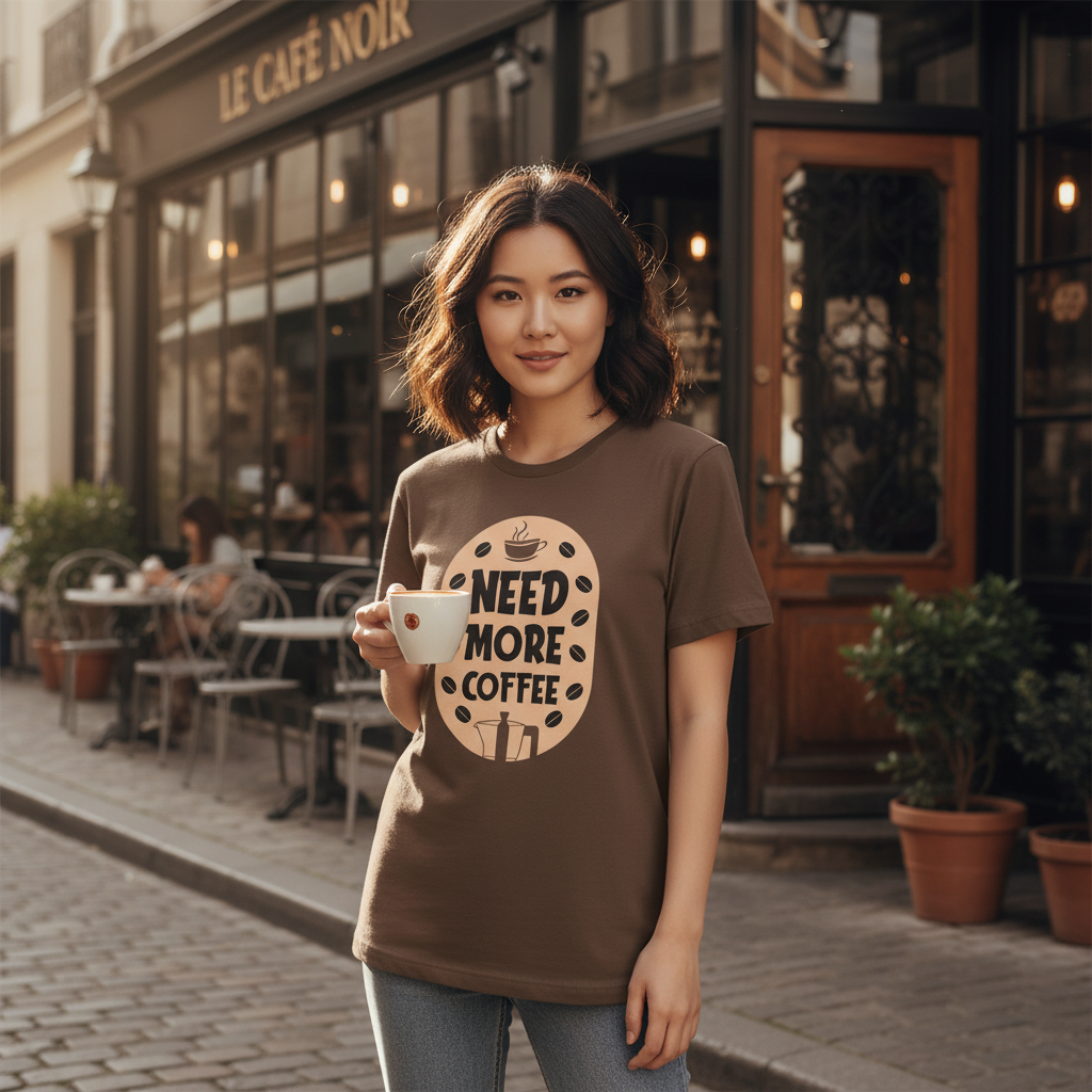 Need More Coffee Unisex Graphic Tee Featuring Coffee Cup Motif And Bean Embellishments