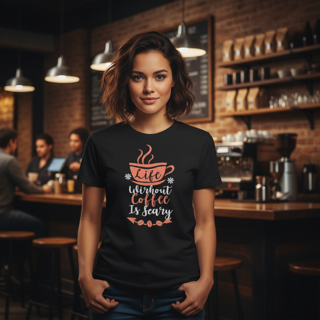 Unisex Coffee Slogan T-Shirt With Cup Graphic And Life Without Coffee Is Scary Design For Casual Everyday Wear