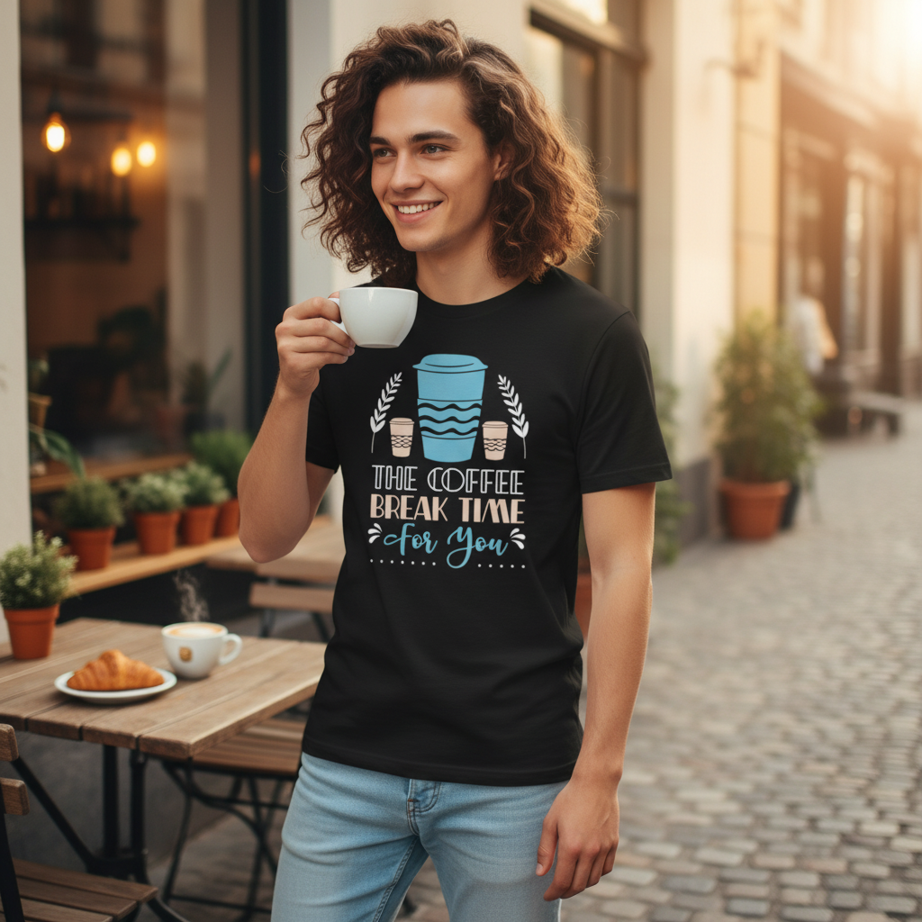 Coffee Break Time For You Graphic Unisex Short Sleeve T Shirt With Coffee Cup Design