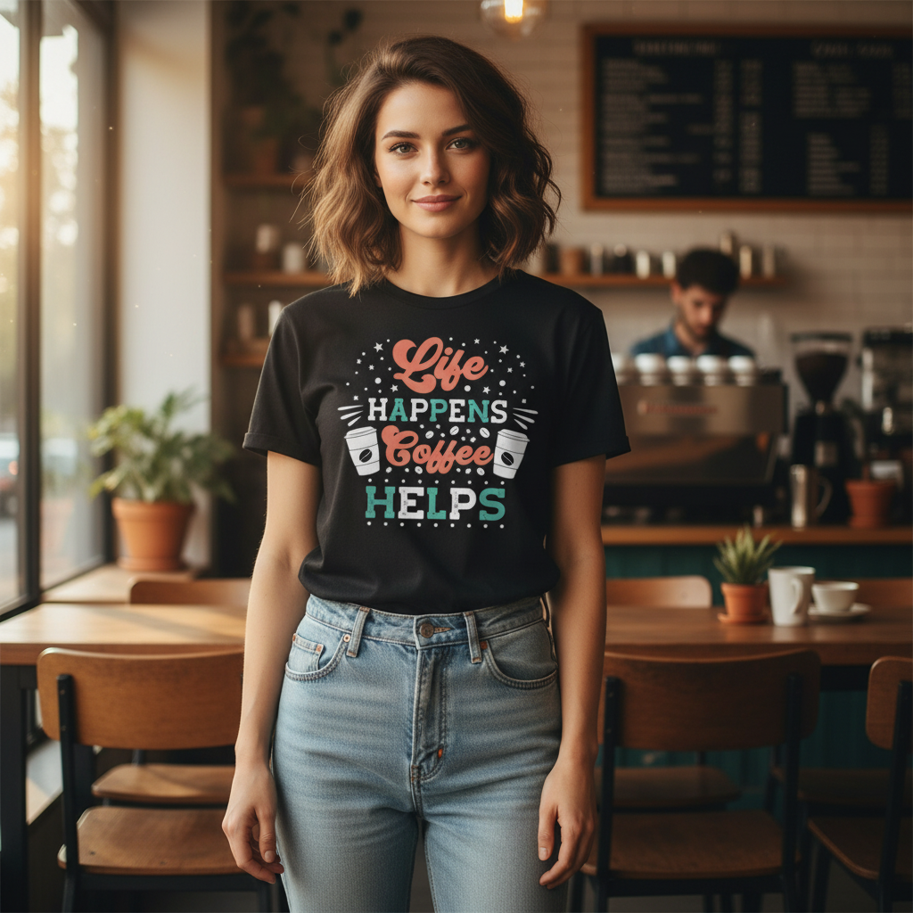 Life Happens Coffee Helps Graphic Tee Unisex Short Sleeve T Shirt Design For Coffee Lovers