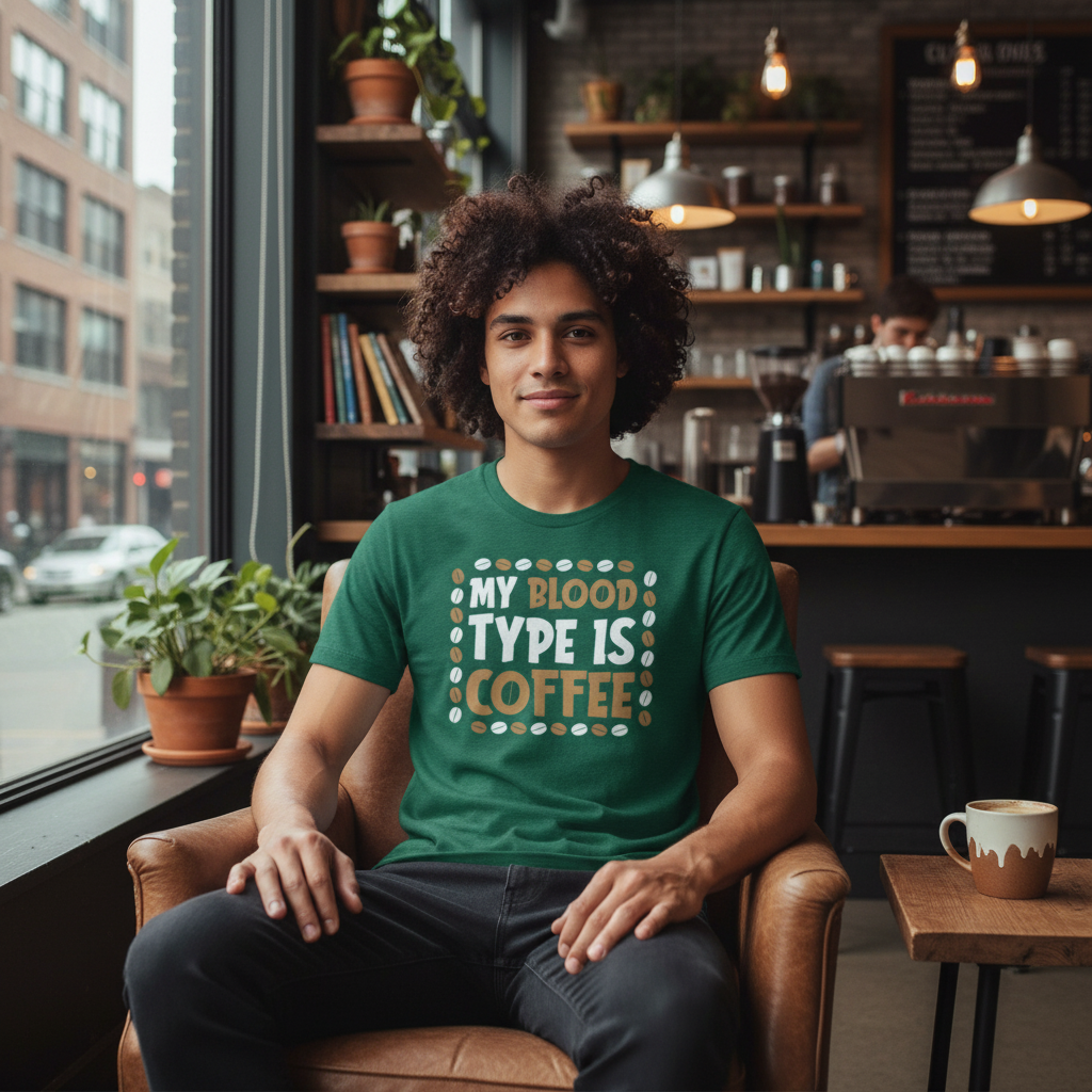 My Blood Type Is Coffee Unisex T Shirt Design With Coffee Bean Border Graphic Accent