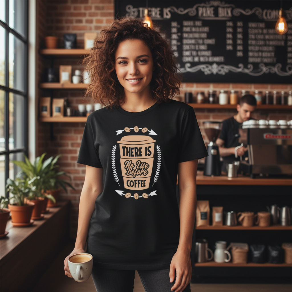 Unisex Coffee Graphic T Shirt With There Is No Life Before Coffee Phrase And Cup Icon